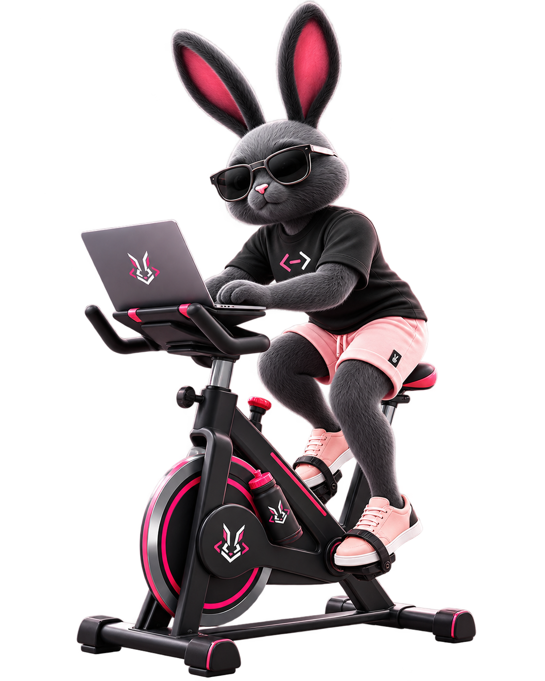 Mascote RabbitCode pedalando com um laptop