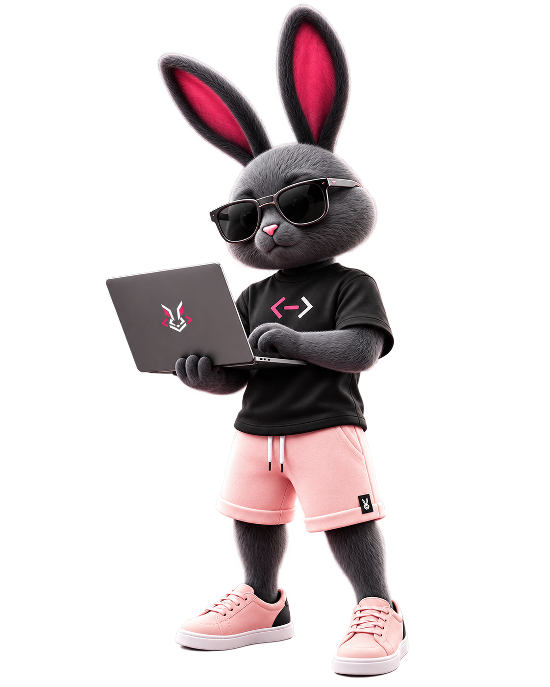 Mascote RabbitCode segurando um laptop